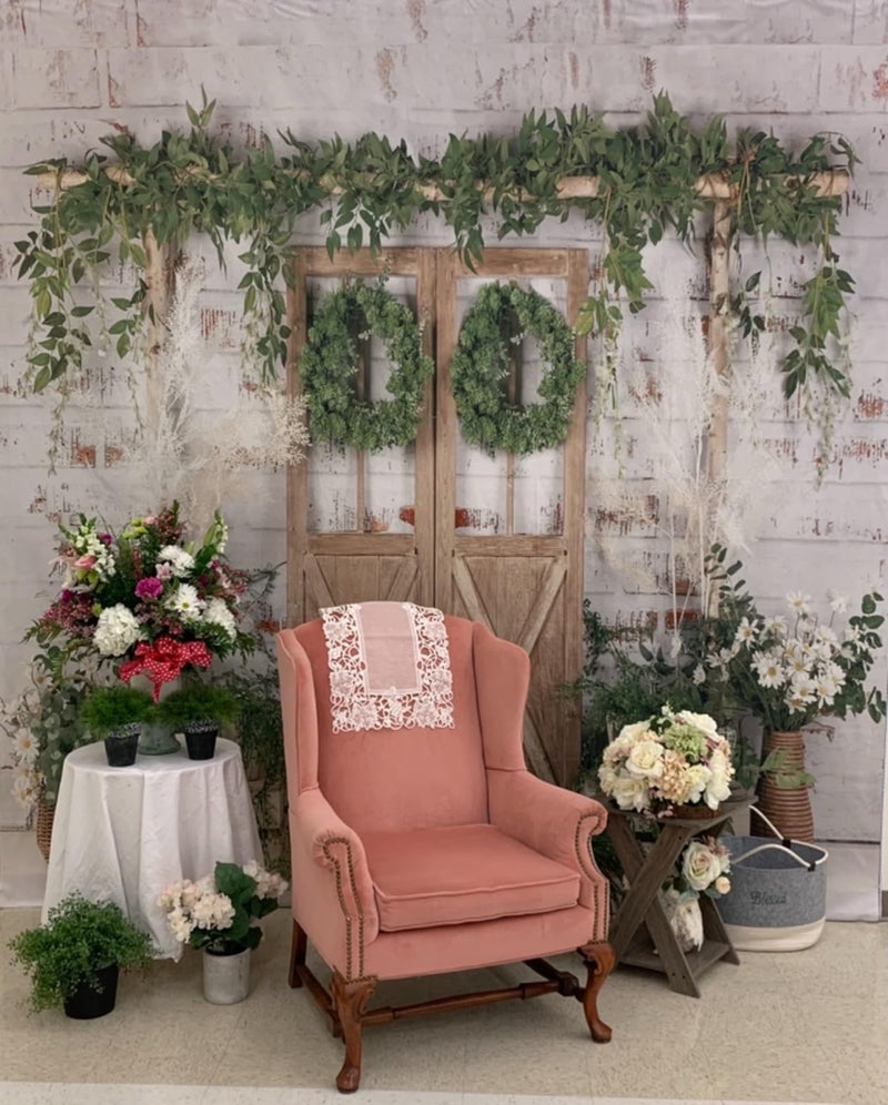 Kate Rustic White Painted Brick Wall Wood Door Photography Backdrops 10x10ft Spring Green Grass and Flowers Photo Backgrounds Baby Shower Backdrop Photoshoot Props - Image 3
